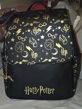 Harry Potter x Primark Backpack Black & Gold Faux Leather NWT
